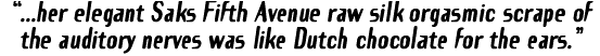 '...her elegant Saks Fifth Avenue raw silk orgasmic scrape of the auditory nerves was like Dutch chocolate for the ears.'